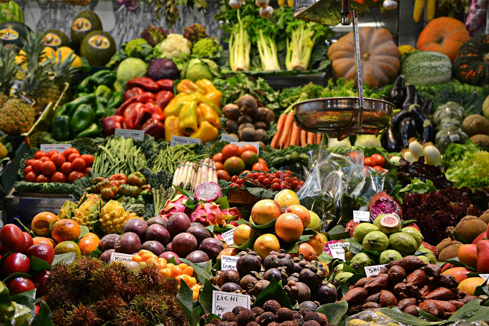 A colourful variety of fresh vegetables and fruit