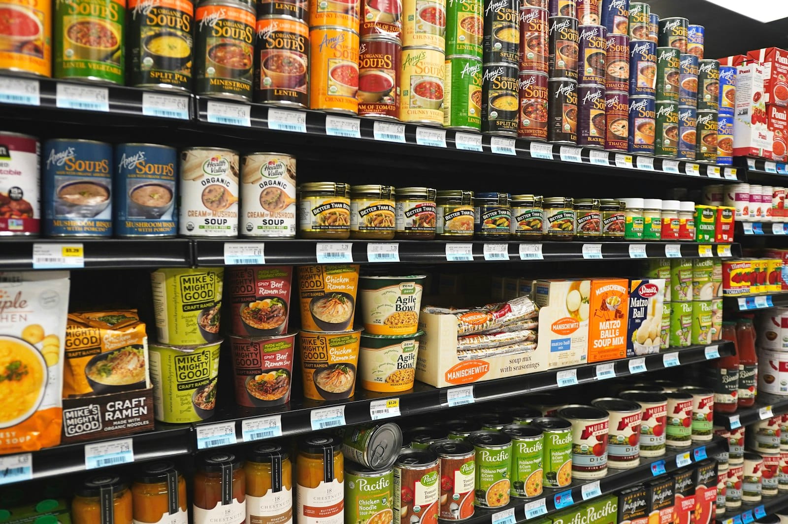 A grocery shelf of packaged food