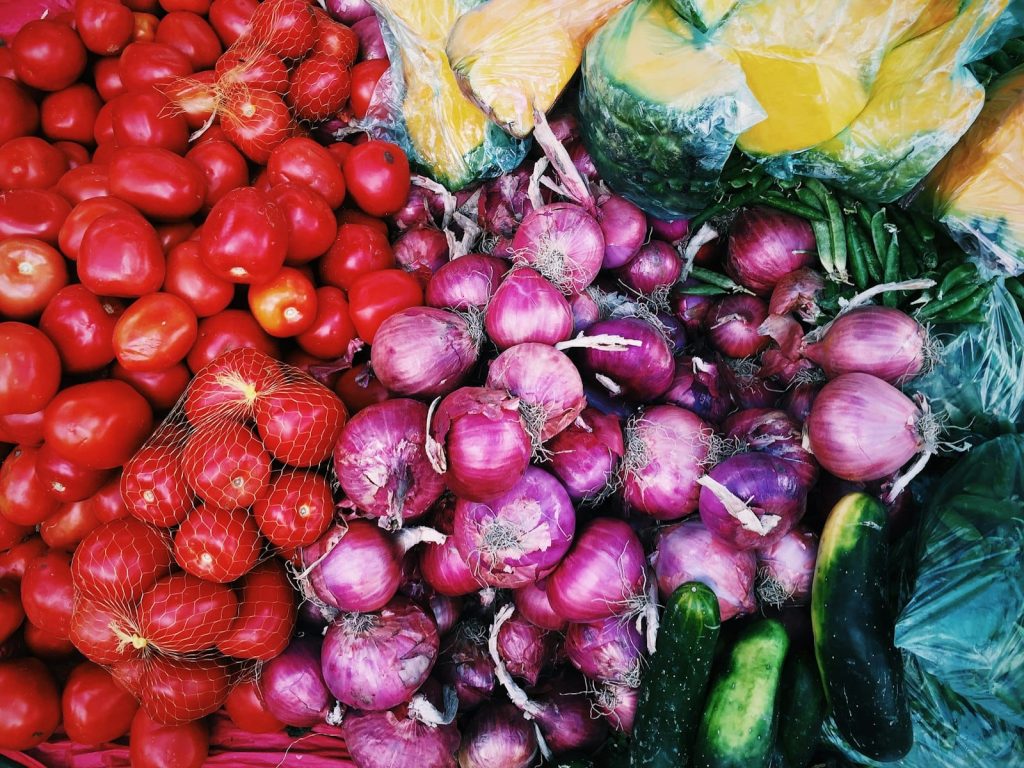 A colourful flat lay of fresh vegetables